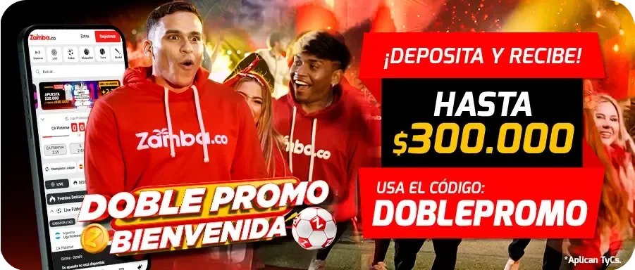 Banner de Zamba con la Doble Promo de Bienvenida y el código DOBLEPROMO